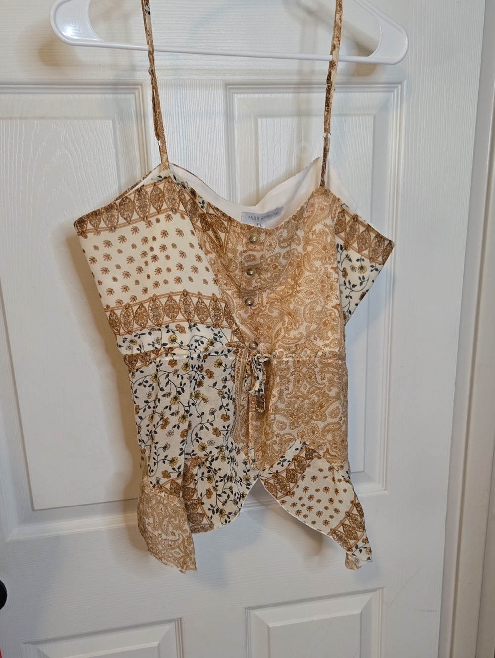 Miss Me Patchwork Paisley & Floral Spaghetti-Strap Cami in Cream and Tan